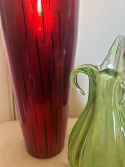 Red Glass Vase with Black Stripe Detail and Green Art Bud glass vase with white stripes vase.
