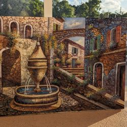 Large 36" x 24" Mediterranean Village Oil Painting on Canvas – Signed Original