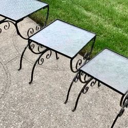 Set of 3 Vtg. 1940 Nesting Tables Indoor / Outdoor Wrought Iron Frames Removable Glass Tops