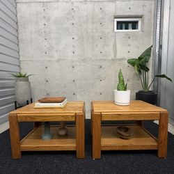 PAIR OF VINTAGE OAK MULTI PURPOSE SIDE TABLES  (DELIVERY AVAILABLE) 