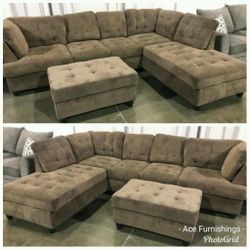 Brand New Brown Chenille Fabric Sectional With Matching Storage Ottoman