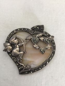 Sterling Silver Heart W/ Mother Of Pearl, Angel, Cupid For Charm Or Necklace