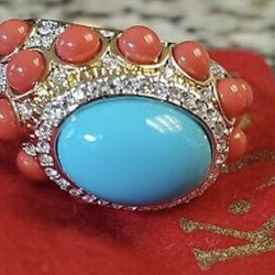 Vintage Kenneth Jay Lane. Turquoise & Coral Ring -Size 6