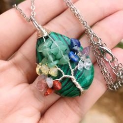 Malachite Gem Stone Tree Of Life Water-Drop Necklace Chakra Reiki Healing Amulet
