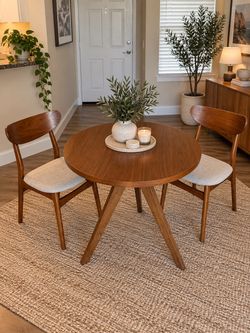West Elm Mid-Century Round Walnut Dining Table and 2 Chairs
