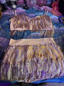 Champagne Gold Sequin Fringe 2 Piece Crop Top & Mini Skirt Set XL