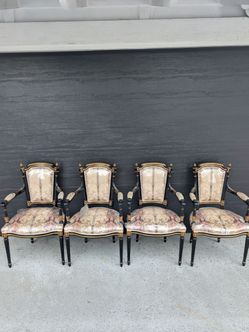 Set of 4 French Regency Black and Gold Upholstered Chairs