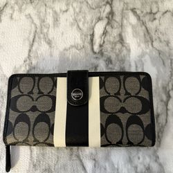 Coach Signature PVC Snap Front Wallet/ Zip Around Back- Black/White