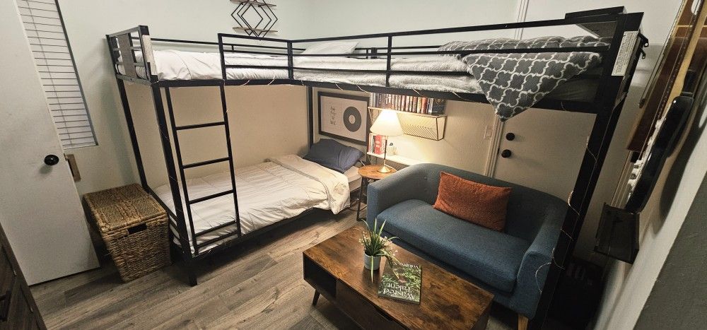 3 Twin Black Metal Bunk Bed Set, Couch, Lift Top Table And End Table 