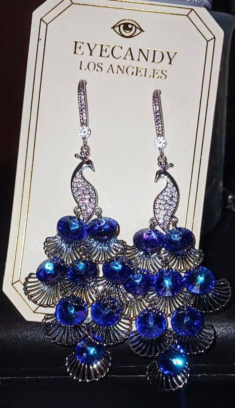 NWT Peacock Chandelier Dangle Earrings. Made With High Quality Clear CZ & Blue Crystals. BY EYE CANDY LOS ANGELES