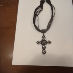 Leather Choker With Cross With Amber Crystals