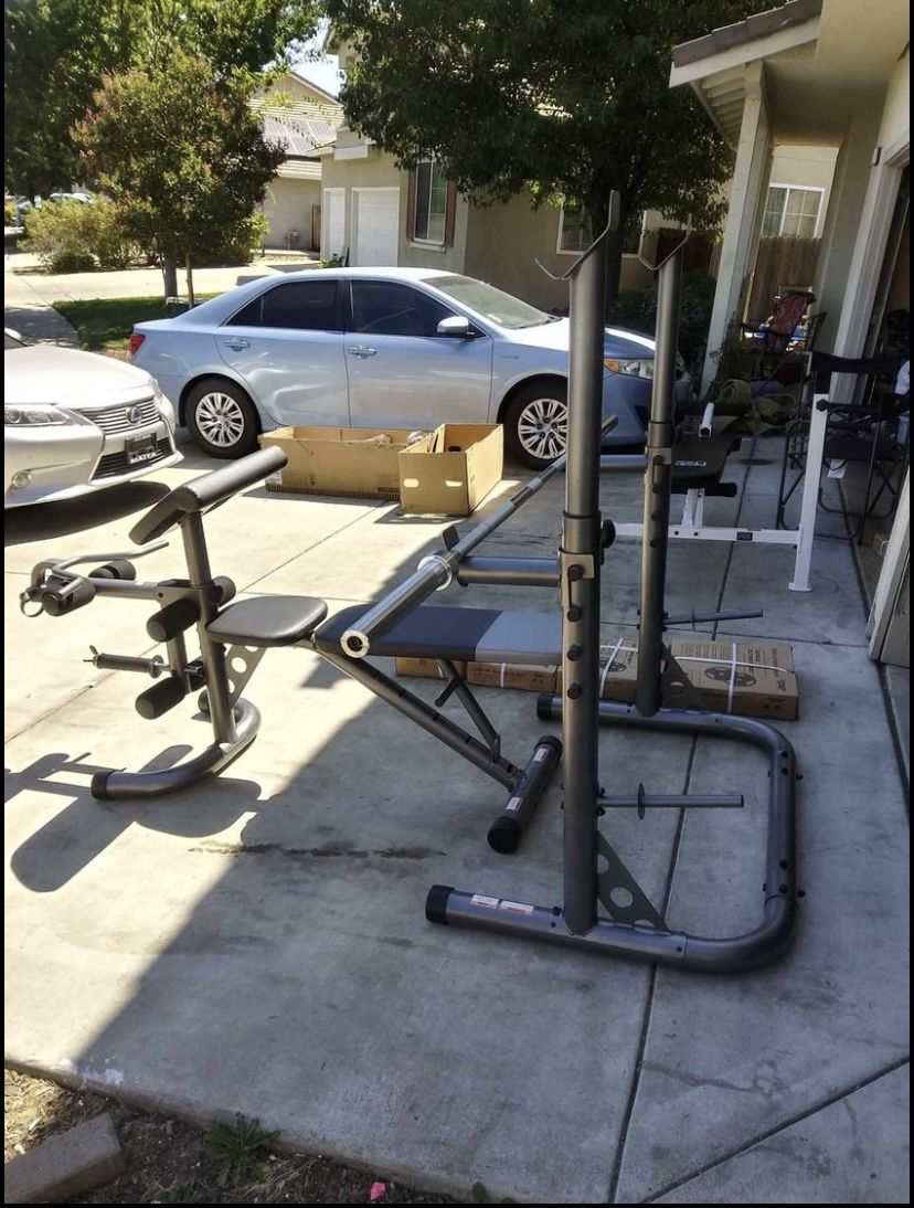 All Brand New Fully Adjustable Bench Squat Rack Combo With 300lb Olympic Weight Set With Barbell And Clips