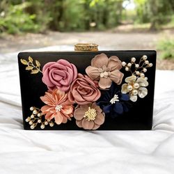 Elegant Black Clutch Purse With Flowers