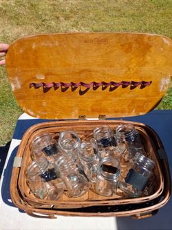 Vintage Shelton basket and 9 mason jar mugs