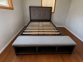 Queen Bed Frame with Upholstered Headboard & Storage Bench