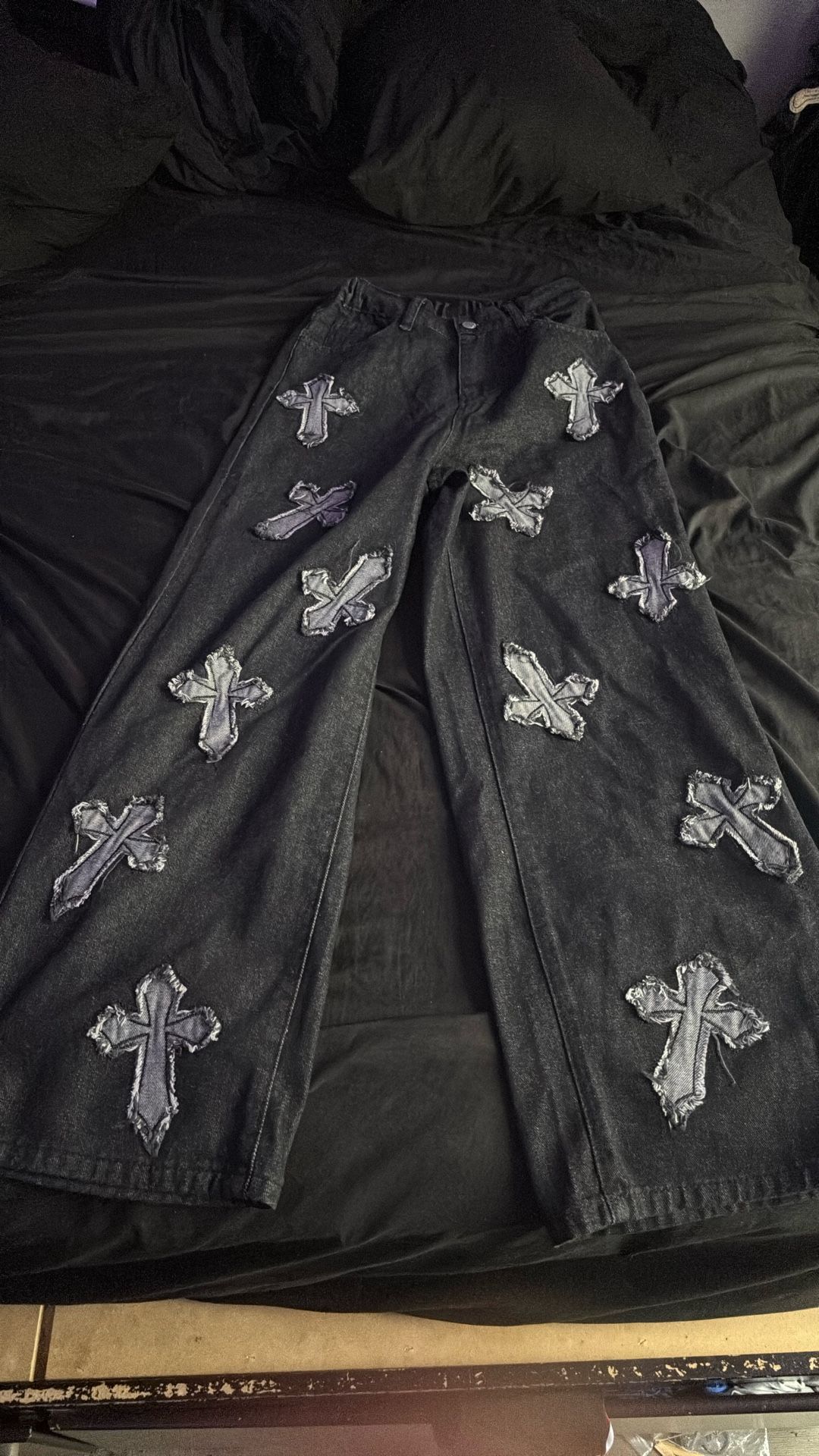 Black Jeans Chrome Heart Patches 