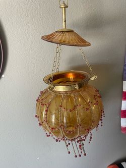 Vintage Mid Century Modern MCM BoHo Hand Blown Beaded Cage Amber Crystal Murano Bubble Glass Pumpkin