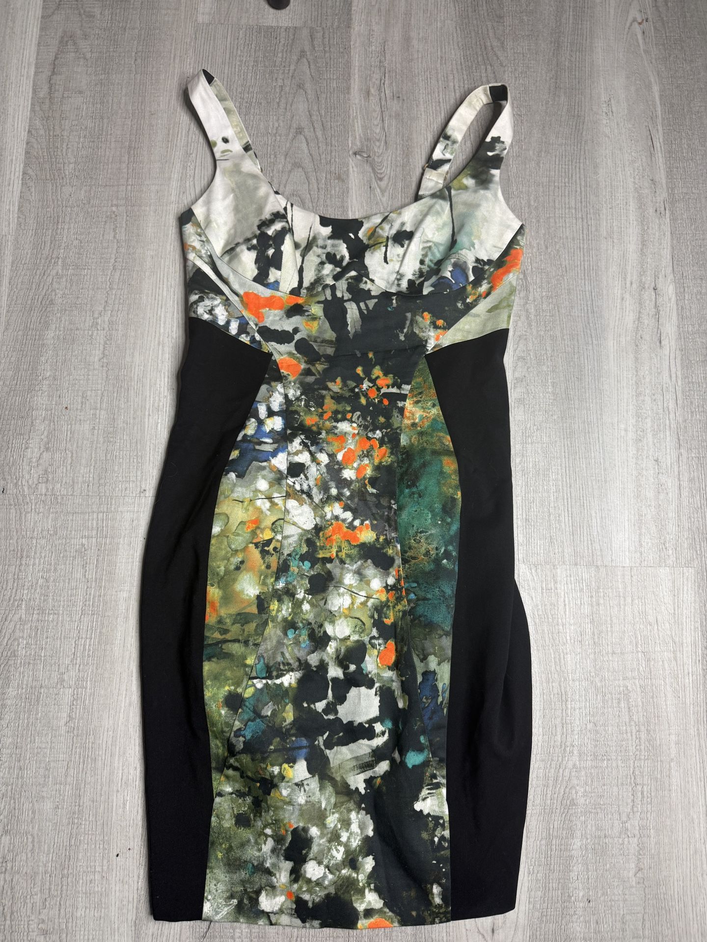 Black Halo Bodycon Abstract Dress Sz 6 Black Sides Multicolor- adjustable straps