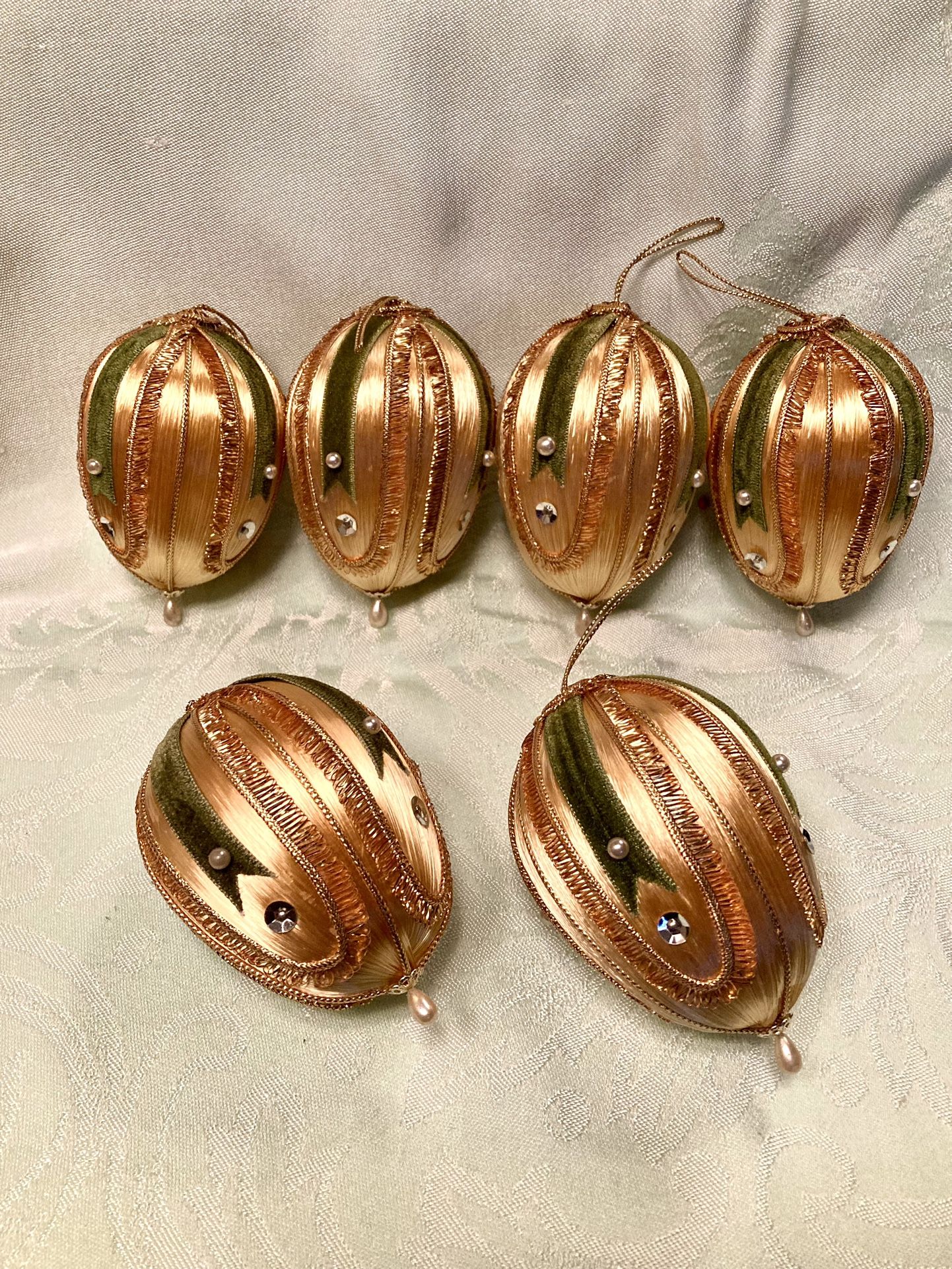 6 Victorian Gold Spun Silk, Egg Shaped Ornaments 