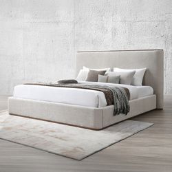 Upholstered Platform Bed with Wood Trim