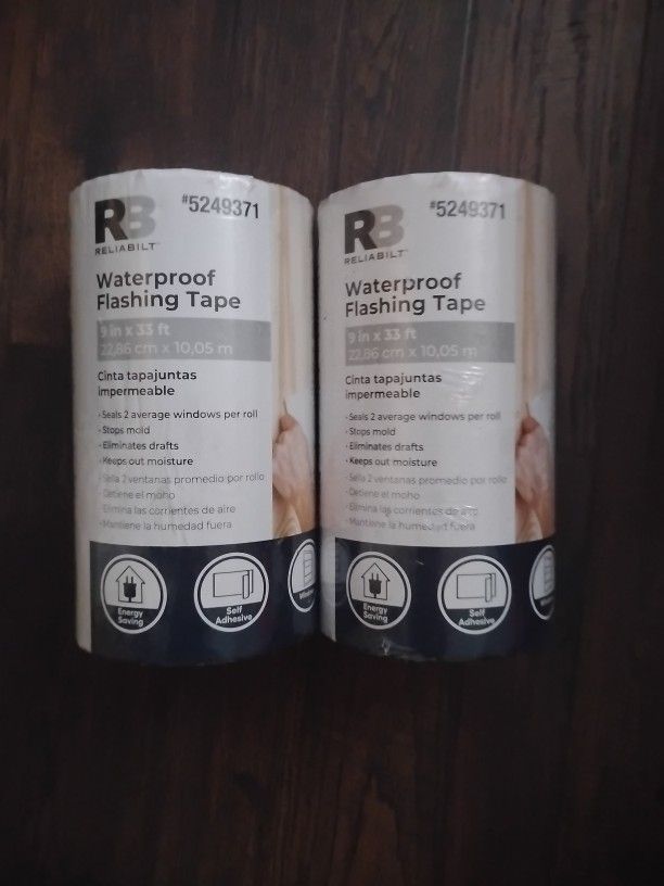  (2) RELIABILT Self-Adhesive Flashing Tape, specifically the 9-inch by 33-foot rubberized asphalt roll flashing