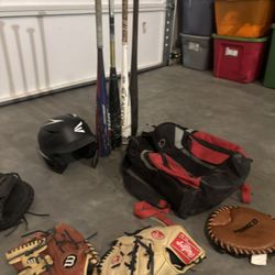 4 Baseball Bats One Helmet Three Gloves One Baseball Backpack