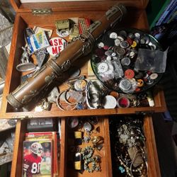 Vintage Wooden Box With Jewelry Collectibles And More