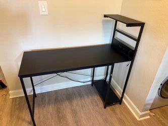 Black Computer Desk with Shelving Tower w/ Power Strip