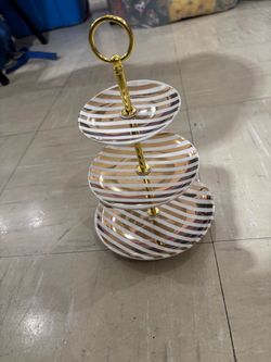 3-Tier Gold Stripe Ceramic Jewelry Trinket Stand