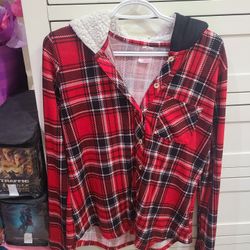 Red Plaid, Long-sleeved, Sherpa Hooded Top.
