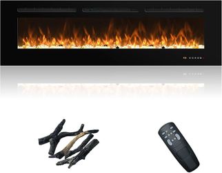 60in Linear Electric Fireplace Inserts Recessed Wall Mounted Fireplace Electric, Heater, 13 Flame Colors & Fuel Bed Colors, Realistic Logs &Crystals, 