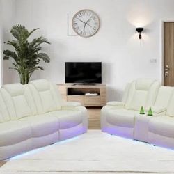 Power Electric White Leather Fully Reclining Couch And Love Seat 