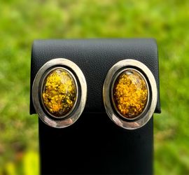 Jewelry .925 solid sterling silver yellow Baltic amber egg yolk clip ok earrings 11.70g