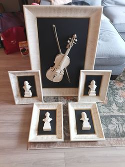 Framed Antique Violin with Matching Composer Busts