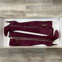 Michael Kors Burgundy Suede Over Knee Boots Snakeskin Zipper Buckle 6.5
