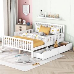 🔥Brand new in Box 🔥Full Bed Frame with Storage Drawers and Safety Guardrails on Both Sides, Wood Platform Bed & Headboard and Footboard for Kids, Bo