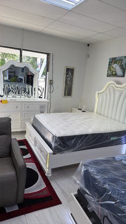 White Upholstered Bed Frame with LED Headboard