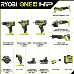 RYOBI ONE+ HP 18V Brushless Cordless 8-Tool Combo Kit with 4.0 Ah and 2.0 Ah HIGH PERFORMANCE Batteries, Charger, and Bag