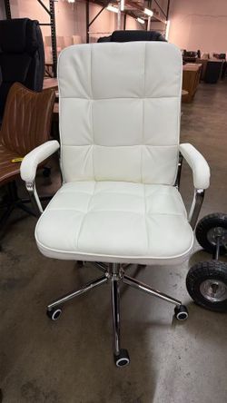 New assembled White Office Chair, Mid Back Leather Desk Chair with Wheels and Padded Arms, Swivel Vanity Chair for Bedroom, Computer Chair for Study a