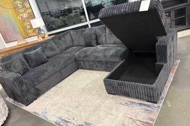 NEW IN BOX Dark Grey Sectional With USB Charging Ports & STORAGE CHAISE & Pull out Bed Finance $54 down pmt