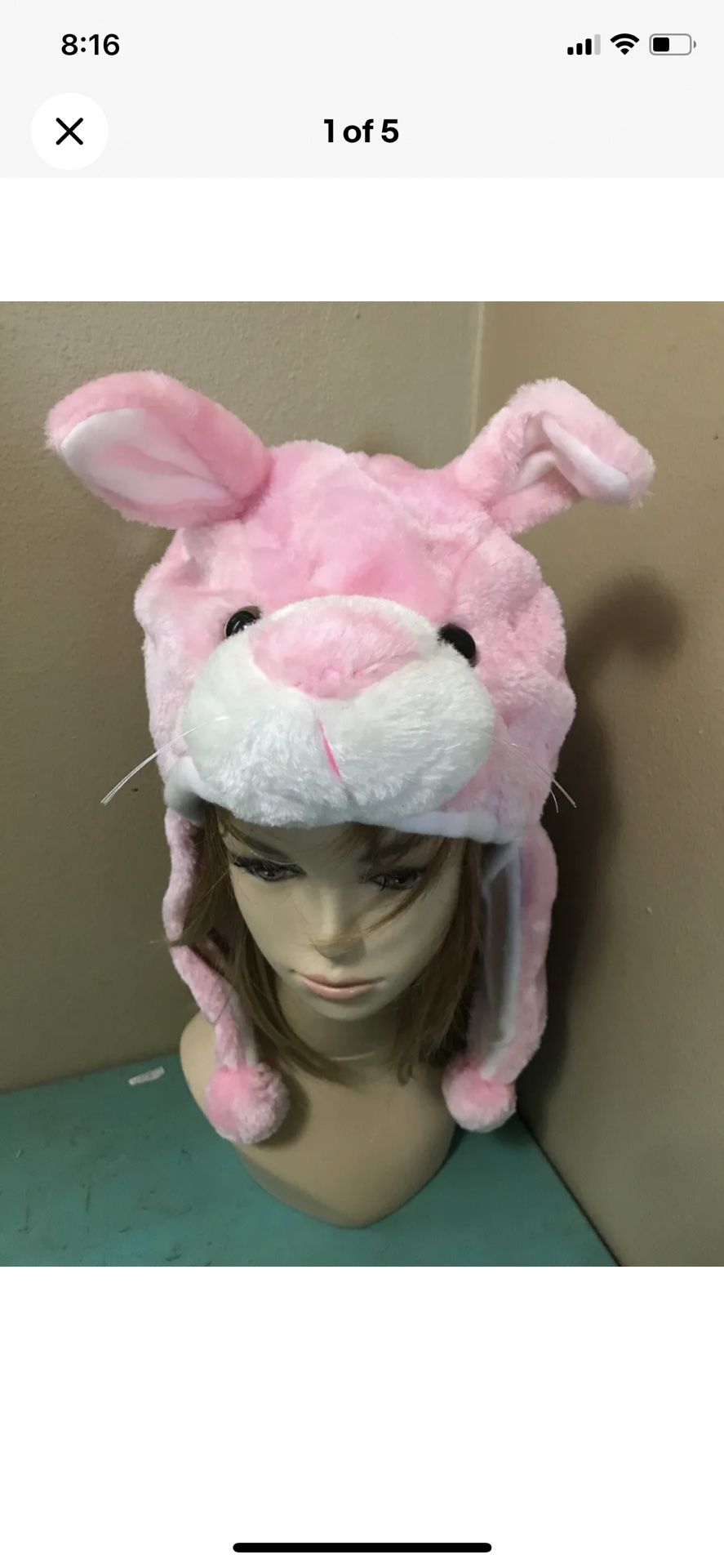 Pink BUNNY Rabbit Plush Fur Animal Head HOODIE HAT winter ear flap cap Easter