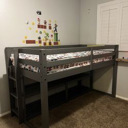 Twin Loft Bed Bunk Storage Shelves Gray Wood