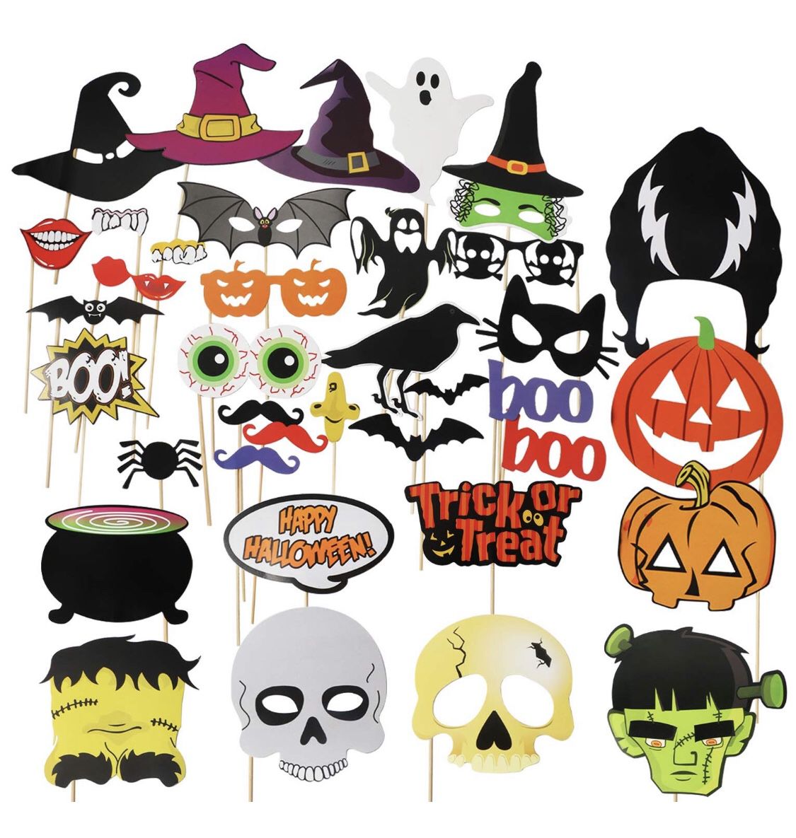 Halloween Photo Booth Props 38pcs DIY Photo Props Hats Lips Bats Terror Skull Masks On a Stick for Happy Halloween Party
