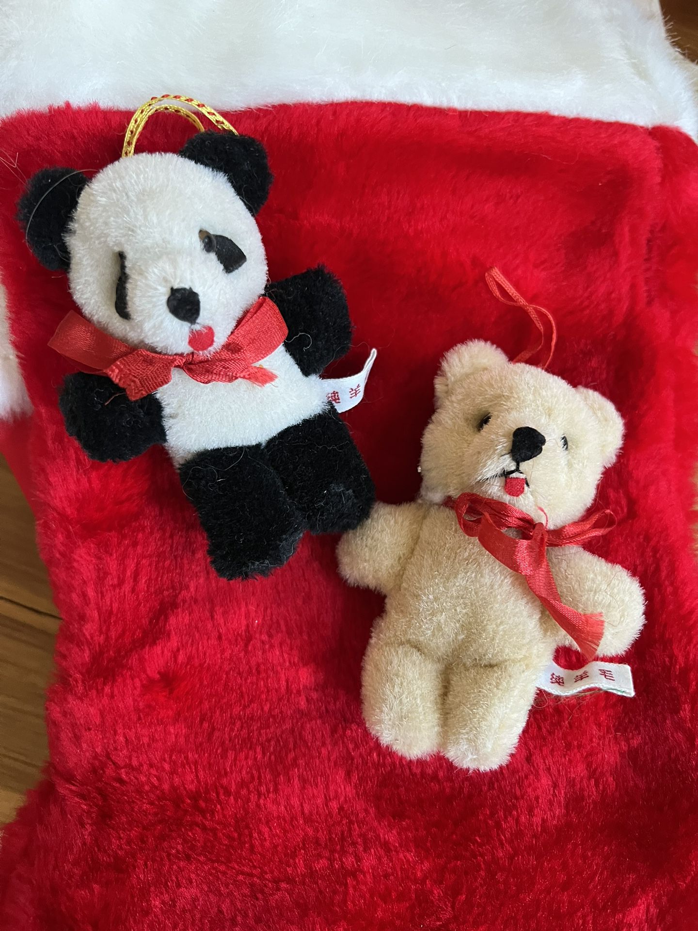 Pair of Vintage Japanese Pure Wool Teddy Bear and Panda Christmas Ornaments