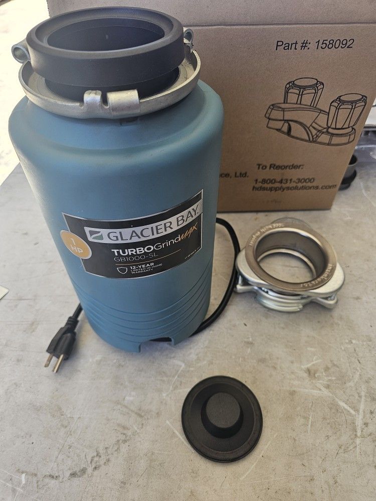 New Glacier Bay TurboGrind Max 1 hp. Continuous Feed Garbage Disposal with Power Cord. Retails $195 with Taxes!