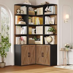 74" Tall Corner Bookshelf, Wooden Bookshelf with Doors Corner Bookcase Farmhouse Bookshelves and Bookcases with Storage Large Book Shelf Storage Cabin