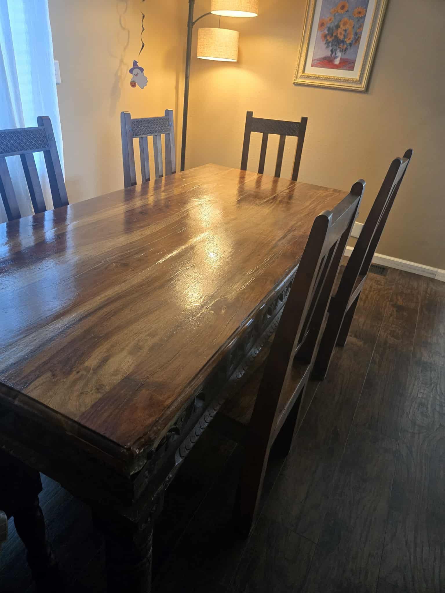 Solid wood, hand crafted, antique dining table with 6 chairs