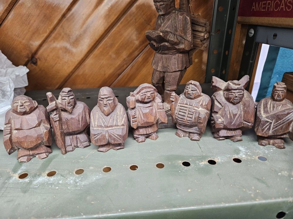 Antique 7 Lucky Gods Chinese Wood Carved Figures