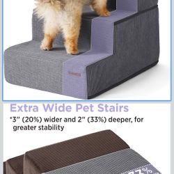 Lesure Dog Stairs for Small Dogs and Cats 16.5" H x 18" W Extra Wide 3-Step Foldable Foam Pet Steps for Couch Sofa and Chairs with Supporting Board an