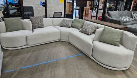 West Elm gray chenille modern style sectional couch with swivel accent chairs